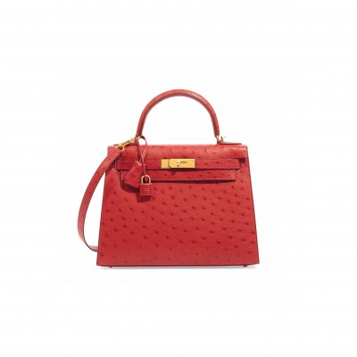 HERMÈS MASTER KELLY 25 OSTRICH SELLIER RED GOLD HARDWARE (25*17*7cm) 